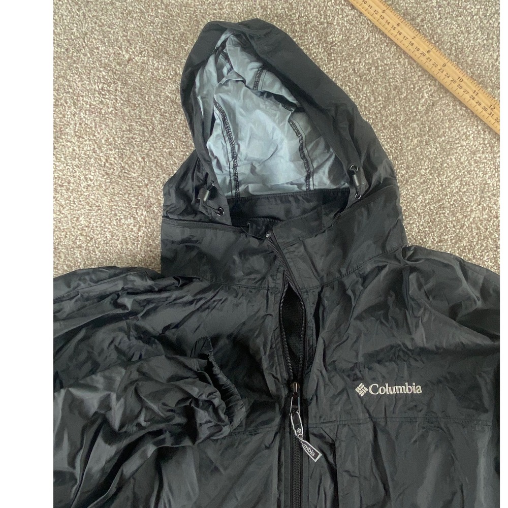 Columbia Men XXL Black FullZip Hooded Windbreaker Light Jacket Mesh Lined Adjust